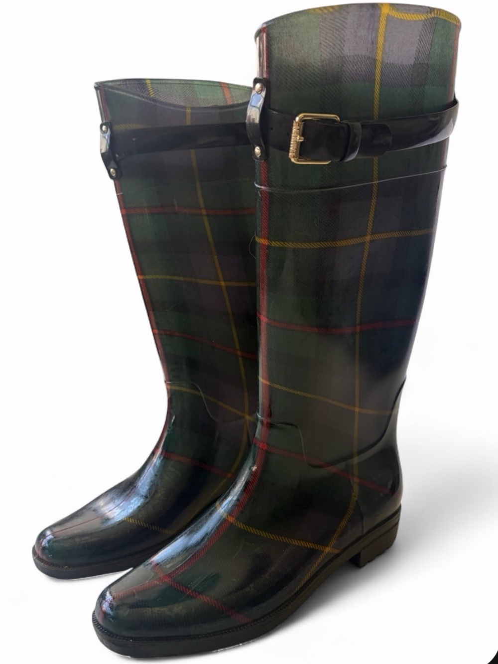 Lauren Ralph Lauren Dark Green Plaid Tall Rain Boots with Buckle